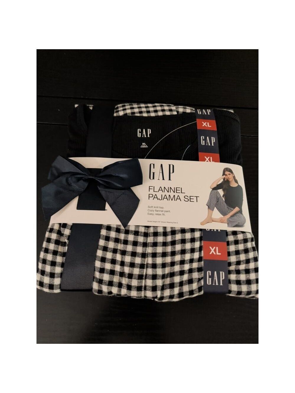Women's GAP Flannel Pajama 2 Piece Set Black Check Size XL